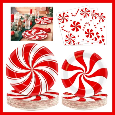 24 件圣诞纸盘餐巾套装，薄荷糖派对盘红白条纹一次性派对用品蛋糕甜点盘，适用于圣诞节新年假期婚礼生日餐具套装派对装饰礼品，24 位客人促销