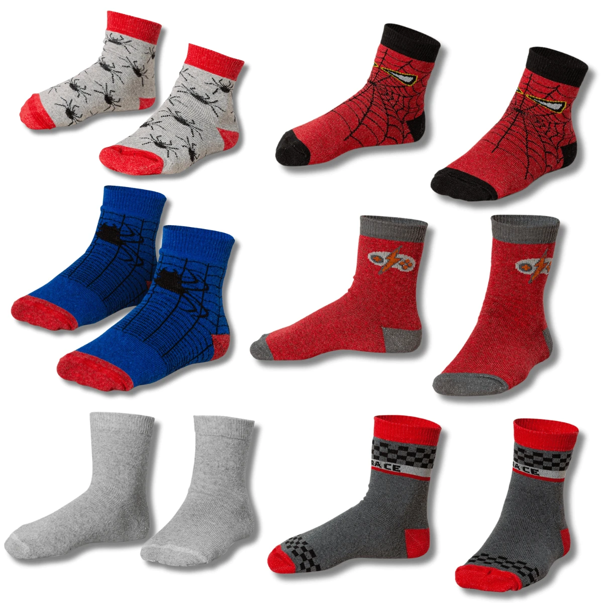 Meias Dallf Kit 06 Pairs Cotton Socks For Children's Boys, Resistant, Spider, Dinosaur Design Dallf - Đỏ và trắng - Xem 1