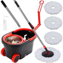 Spin Mop And Bucket With Wringer Set On Wheels, 360 Spinning Mop With Stainless Steel Handle For All Hard Surfaces, Floor Cleaning System With 3 Microfiber Replacement Heads, Black/Red - Black - View 2