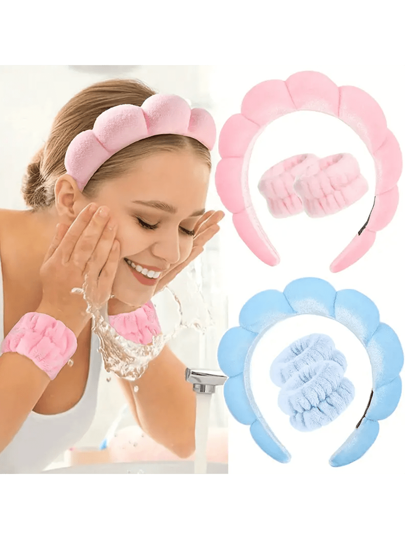 3 Stück/Set Spa Stirnband und Armband Set, flauschiges Schwamm Stirnband zum Gesichtwaschen, Make-up und Hautpflege, Puder Make-up Stirnband, Gesichtsmaske, Hautpflege, Haarzubehör, flauschiges wolkenartiges Stirnband, rutschfestes Stirnband, elastisches saugfähiges Handgelenktuch, essentiell für Gesichtwäsche, Hautpflege, Make-up, Spa, Reisen, Hautpflege Stirnband, Schönheit, Hautpflegeprodukte, Spa, Selbstpflege, Hautpflegewerkzeuge, Gesichtspflege, Esthetiker Zubehör, Haut, Gesichtsreinigung, Gesichtsbehandlung