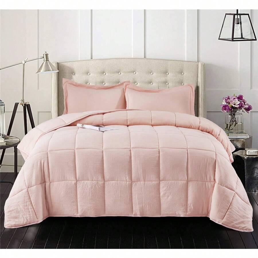 HIG 3pc Down Alternative Comforter Set - All Season Reversible Comforter With Two Shams - Quilted Duvet Insert With Corner Tabs - Box Stitched - Super Soft, Fluffy (Full/Queen, Black) - 預洗桃子 - 查看 1