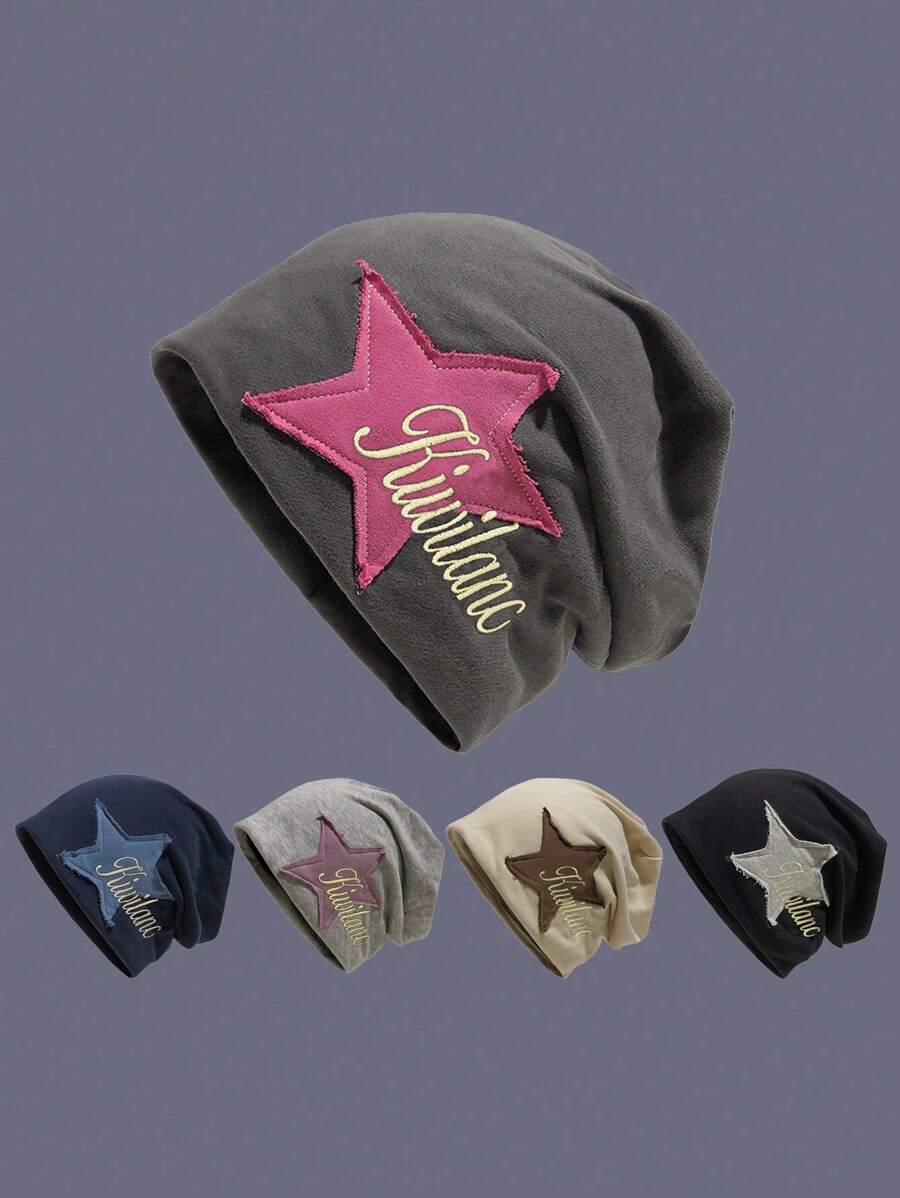 1pc Women Vintage Starry Embroidery Fringe Beanie, Fashion Streetwear Popular Hat, Sweet & Cool Style, Autumn/Winter - Multicolor - View 1