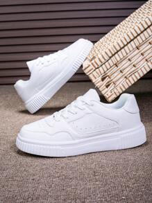 Scarpe da ginnastica casual, leggere e versatili, da uomo, da esterno, con punta tonda, bianche e nere, traspiranti, stile scuola, con lacci, a collo basso o alto