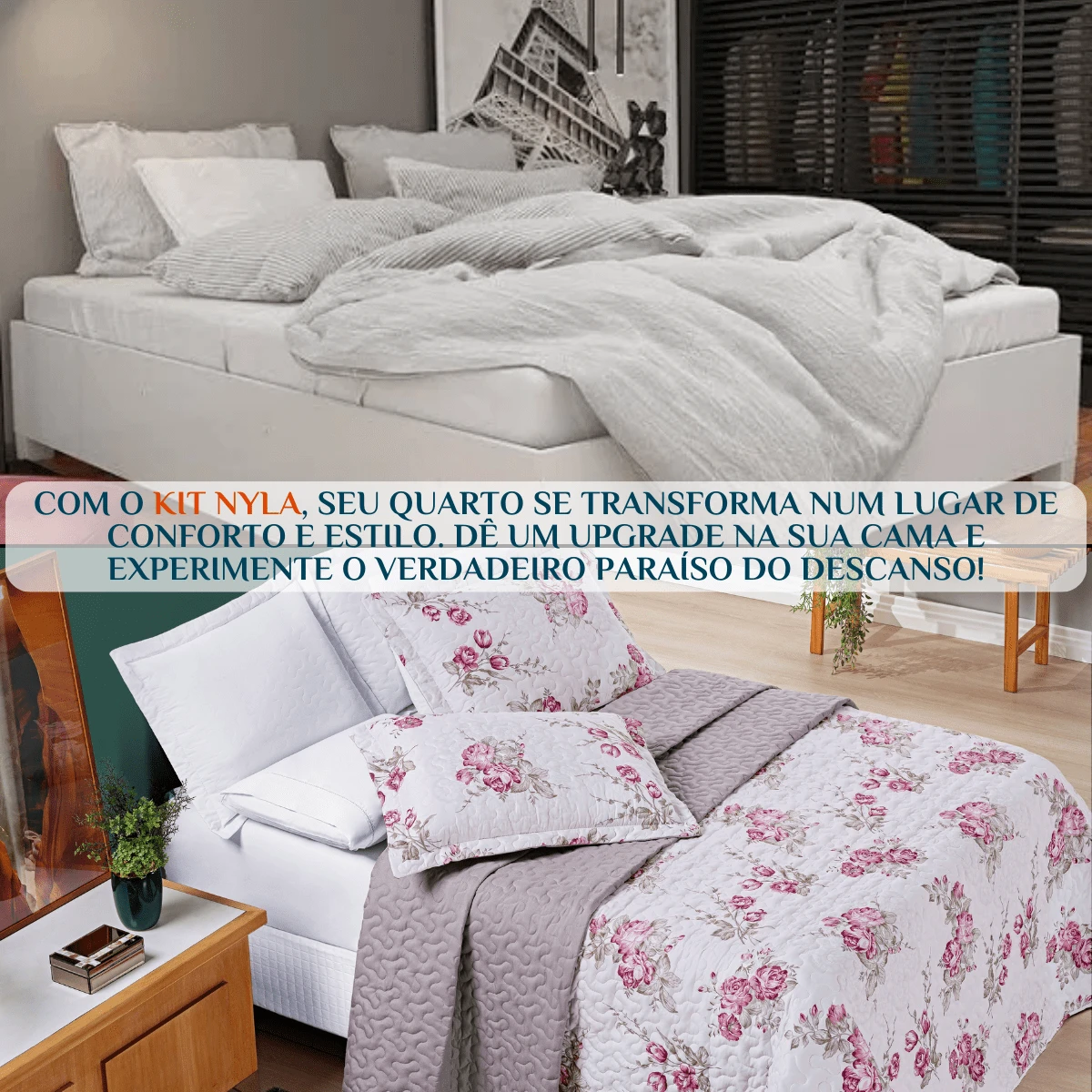 Jogo Colcha King Size Cama Box Nyla Cobre Leito 200 Fios Dupla Face