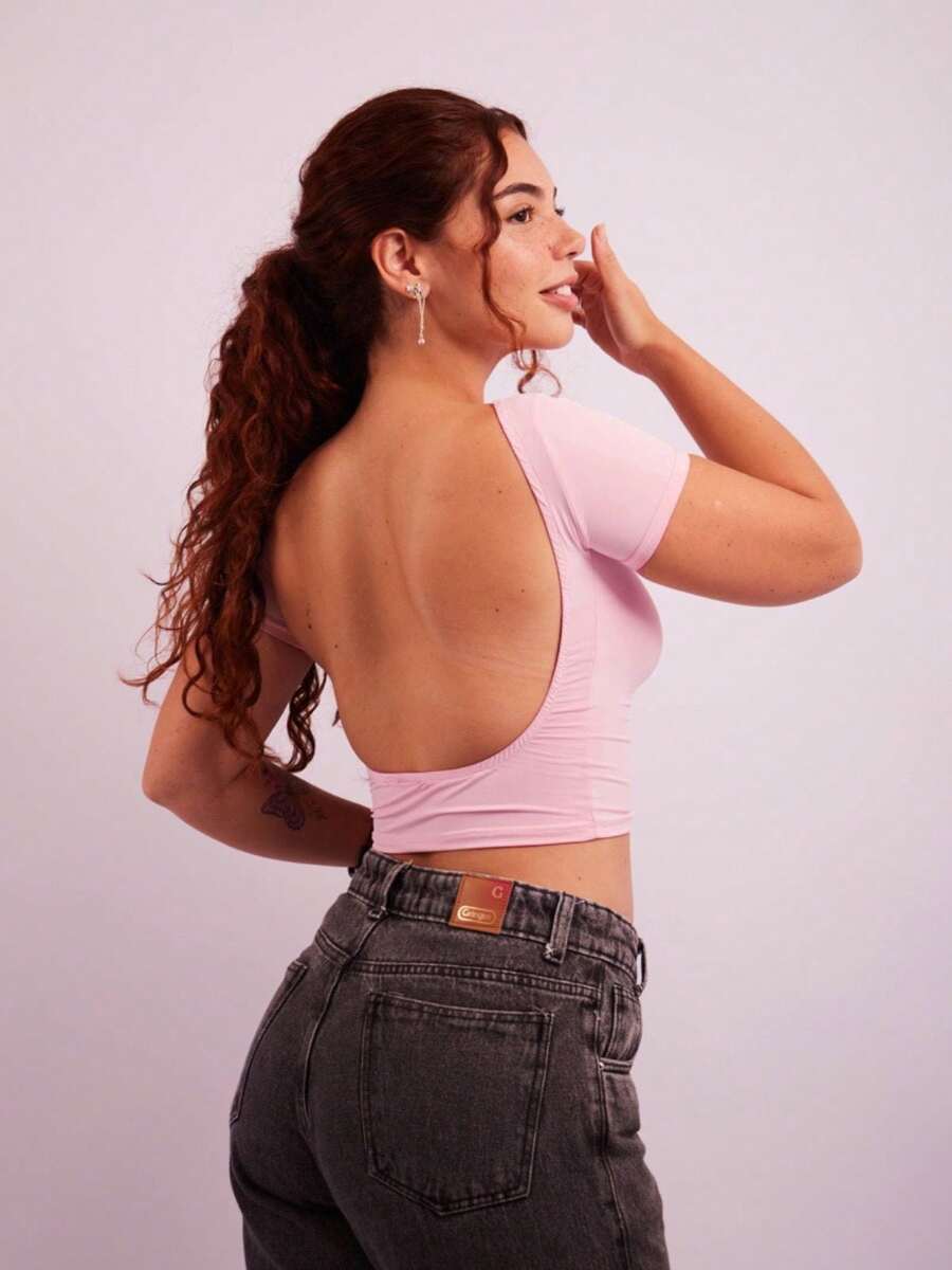 Cropped Open Back Nude Women's Baby Tee Look Open Back Polyamide - Baby Pink - View 1