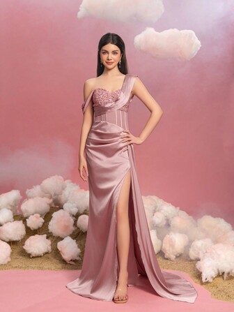 少女单肩正式晚礼服，高开衩，侧边饰带和优雅鱼尾下摆 - 非常适合红毯晚会、黑色领带活动、礼仪服装和选美活动