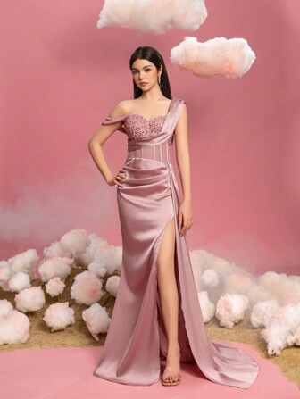 少女单肩正式晚礼服，高开衩，侧边饰带和优雅鱼尾下摆 - 非常适合红毯晚会、黑色领带活动、礼仪服装和选美活动