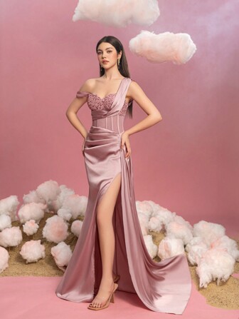 少女单肩正式晚礼服，高开衩，侧边饰带和优雅鱼尾下摆 - 非常适合红毯晚会、黑色领带活动、礼仪服装和选美活动