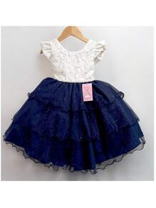 CHILDREN'S Navy Blue And  Bridesmaid Dress For Wedding Party Luxury WITH HAIR TIARA D5008 - Màu xanh hải quân - Xem 9