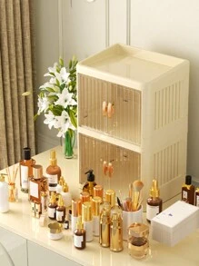 1pc Foldable Double-Door White Drawer Storage Box, Multi-Layer Organizer Rack For Stationery, Cosmetics, Skincare At Home - Multicolor - View 1