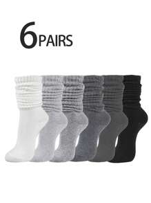 6 Pairs Women's Multicolor Slouch Crew Socks, Slouchy Socks, Fashionable Versatile Daily Soft Comfortable Moisture-Wicking Back-To-School Warm
