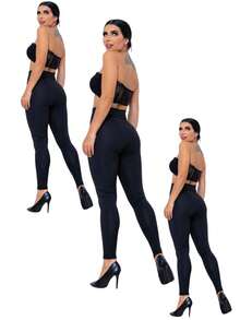3-Piece Kit Casual Fitness Leggings With High Waist Shaping Suplex Thick Fit Black - màu đen - Xem 2