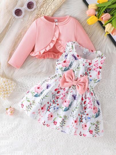 2 件套女婴荷叶边长袖粉色上衣和无袖花卉印花蝴蝶结装饰休闲连衣裙，适合秋季户外休闲