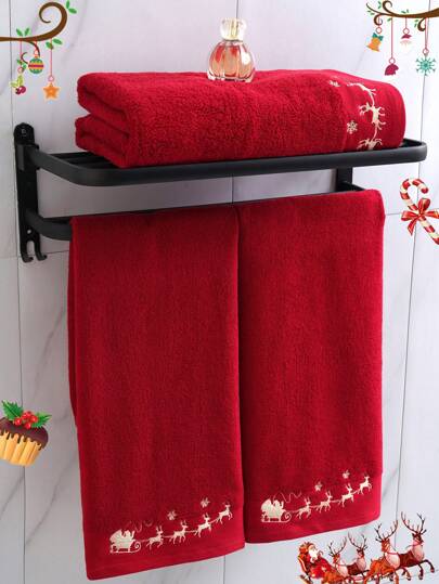 QIBHI 3/2/1 peça (P) Toalha de Banho ou de Rosto Natalina com Estampa de Rena e Carro, Cor Sólida, Absorvente e Macia, Presente de Natal e Decoração para Casa. Ideal para Salões de Beleza, Hotéis, Esportes e Uso Doméstico. Toalha de Banho para Cuidados com a Pele.