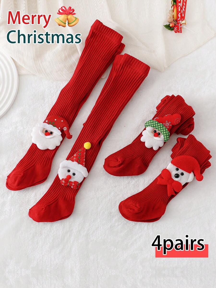 Bộ 4 quần tất in hình nhân vật Giáng sinh dễ thương cho bé gái, thích hợp mặc hàng ngày - Đỏ - Xem 1