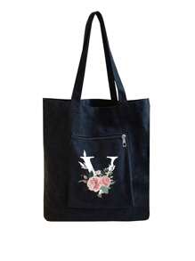 黑色帆布手提袋，印有A-Z字母和花卉图案，女士休闲帆布手提包，适合度假、海滩和日常生活，是送给女性、妈妈、老师、朋友、伴娘、学生和返校季的绝佳礼物。 - 黑色 - 查看 37