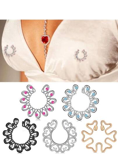 AVYRING 2pcs Fake Piercing Nipple Rings Women Sexy Hollow Pattern Stainless Steel Heart Shape Nipple Clamp Beach Party Dance Body Jewelry Valentines,Mom,Mother,Mother's Day,Gift