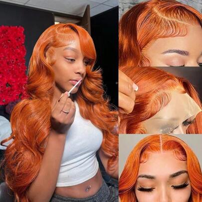 Ginger Orange Lace Front Wigs Human Hair 13x4 Body Wave Frontal Wigs Human Hair For Women 150 Density Pre Plucked #33 Colored Transparent Lace Human Hair Wig Bleach Knots