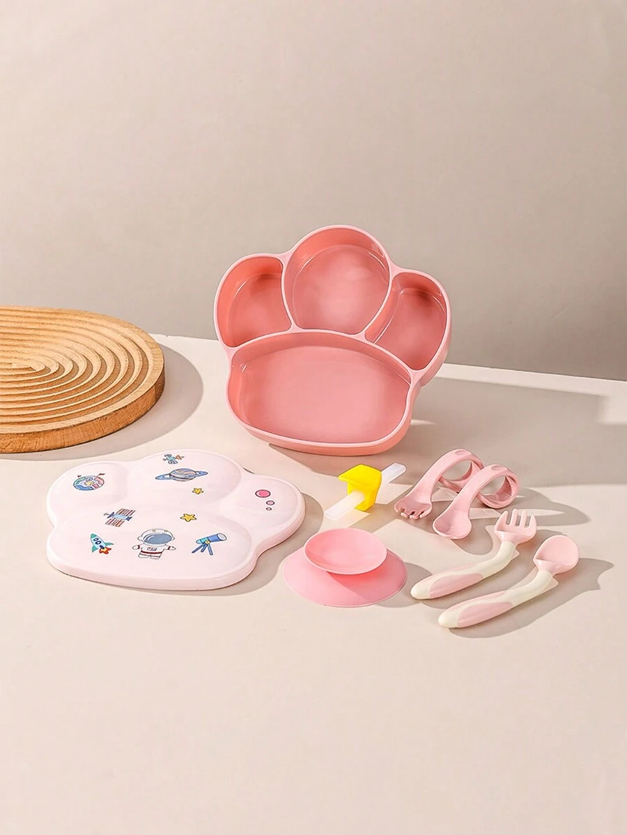 Set De 8 Piezas Juego De Cuchara y Tenedor De Silicona Para Bebé, Adecuado Para Bebés y Niños Pequeños, Hecho De Silicona, Diseño Dividido, Cuchara y Tenedor De Mango De Madera, Plato De Silicona Para Niños Apto Para Microondas y Lavavajillas, Regalo Para Niños - Rosa - Ver 1