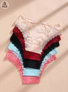 Paquete de 5 bragas de mujer con encaje de talle bajo sin costuras, calzones de seda con diseño calado - Multicolor 2 - Ver 8