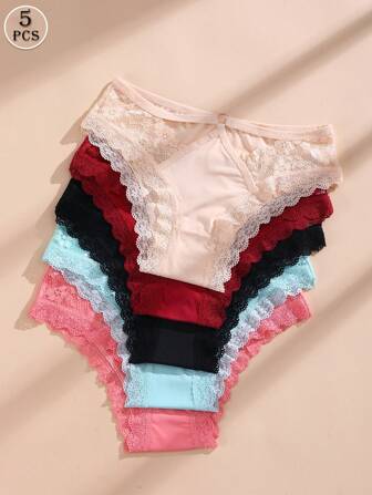 5 PCS Women's Sexy Lace Panties Low Waist Seamless Briefs Ice Silk Hollow Out Underwear