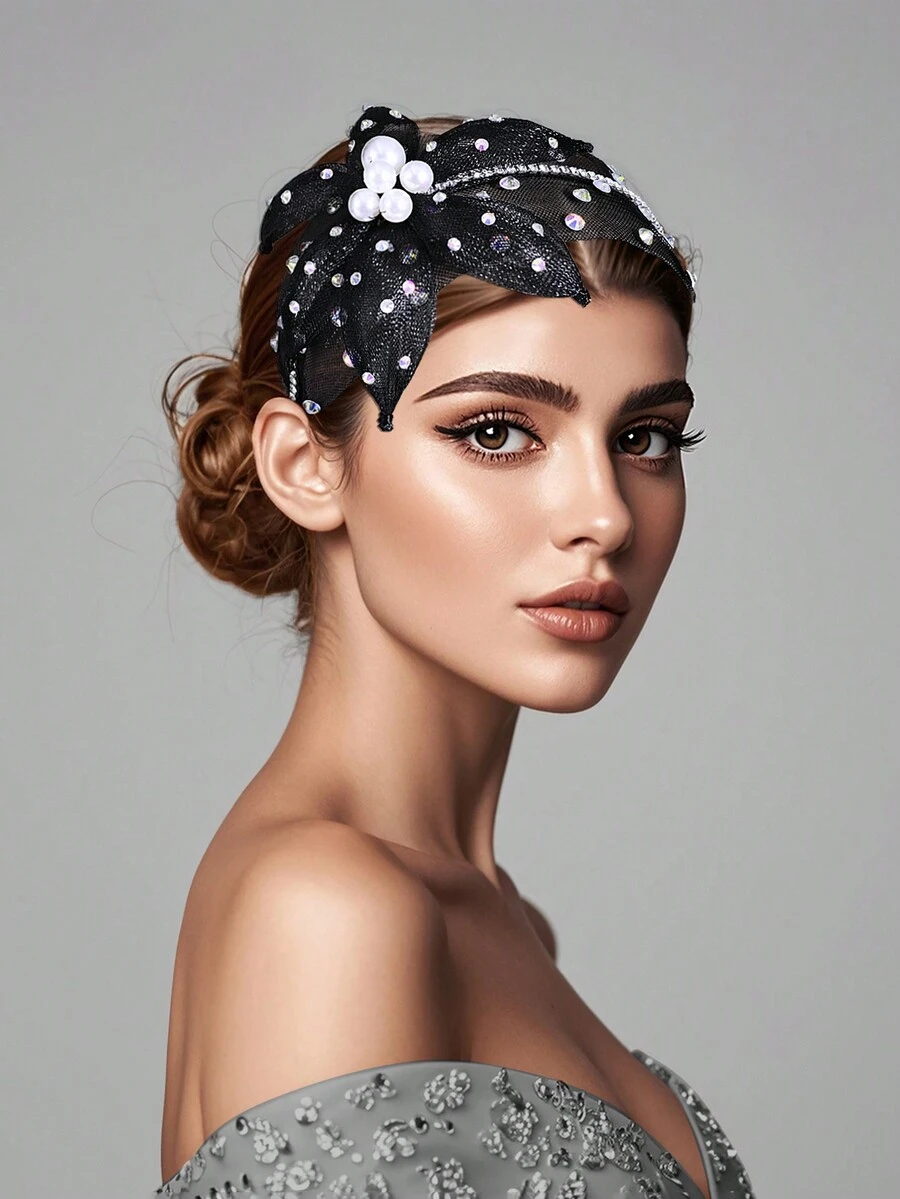 1 chiếc băng đô cài tóc bản rộng họa tiết hoa màu đen thủ công sang trọng, thích hợp để trang trí Halloween, tiệc tùng, chụp ảnh cưới