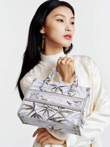 FION Bamboo Jacquard With Cow Leather Tote Bag Women Handbag Crossbody Shoulder Bag,Top Handle, FAAFAMW005 - Light Grey - View 2