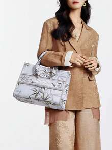 FION Bamboo Jacquard With Cow Leather Tote Bag Women Handbag Crossbody Shoulder Bag,Top Handle, FAAFAMW005 - Light Grey - View 4