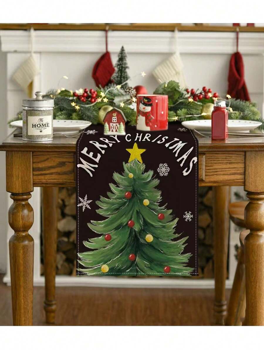 Christmas Pine Tree Pattern Red & Black Table Runner & Placemat Set, 13