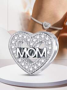 1Pc Fashionable 925 Sterling Silver Sparkling Mom Heart Pendant Charm Bead Fit For Women Bracelets Bangles DIY Jewelry Making And Daily Outfit Matching Jewelry Decoration For Girls Valentines - Silver - View 4