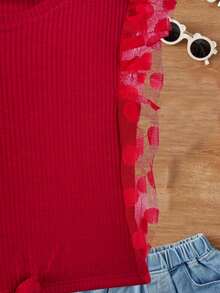 Ribbed Tank Top With Tulle Sleeves And Ruffles - Đỏ - Xem 3