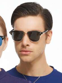 1pc Men's Black Vintage Round Fashion Glasses, Shanghai Beach Wedding Groomsmen Glasses, Rivet Design Retro Half-Frame Fashion Glasses Halloween Looks Street Style And Suit For Sweater Jacket Sweatshirt Hoodie Leather Pants And Cargo Pants For Summer Beach Vacation,Outdoor,Travel - Grey - View 8