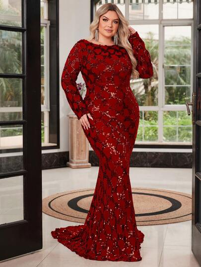 فستان سهرة طويل مزين بالترتر أحمر أكمام طويلة لأحجام كبيرة، فستان سهرة أنيق للحفلات والسهرات الرسمية ، مناسب لضيف الحفلات، التخرج، العشاء