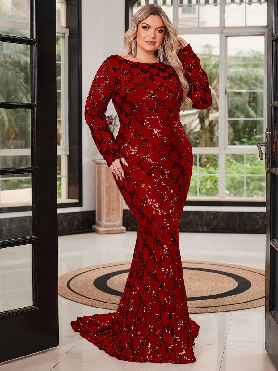 فستان سهرة طويل مزين بالترتر أحمر أكمام طويلة لأحجام كبيرة، فستان سهرة أنيق للحفلات والسهرات الرسمية ، مناسب لضيف الحفلات، التخرج، العشاء