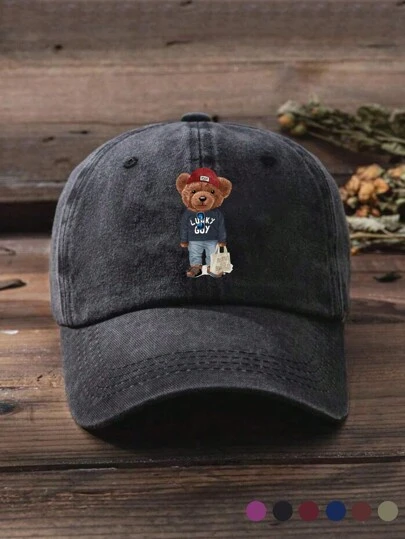 1 件印花“幸运熊”休闲复古棒球帽，可调节，单色，适合街头装和日常穿着，动物主题爸爸帽