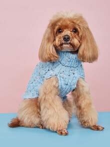 1 件新款时尚柔软舒适纯色高领粗针织毛衣，紫色、蓝色或酒红色，适合吉娃娃雪纳瑞宠物，秋冬季 - 藍色 - 查看 4