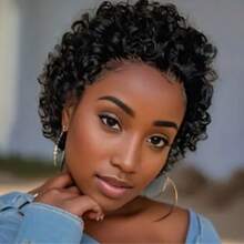 Short Curly Human Hair Wigs Pixie Cut Bob Glueless Wigs Front For Women With Baby Hair, 13x1 Lace 150% Density - Natural Black - Xem 2