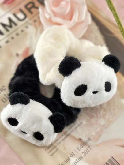 New Cute Panda Pearl Scrunchie Hair Tie, Sweet Cartoon Plush Pom Pom Ponytail/Bun Holder, Casual Elegant Bohemian Hair Accessories, Suitable For Spring, Summer, Autumn, Winter, Ponytail Holders, Hair Elastics, Hair Rubber Bands, Scrunchies, Hair Rope