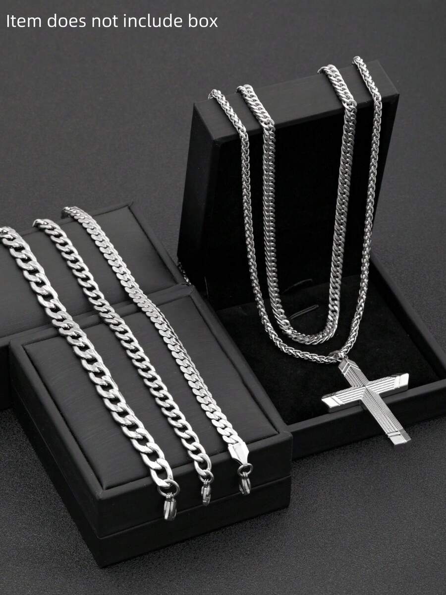 Bộ vòng cổ nam mặt dây chuyền thánh giá đúc bằng thép không gỉ Vòng tay trang sức Hip Hop phù hợp để đeo hàng ngày Quà tặng Giáng sinh Năm mới Ngày lễ tình nhân tự làm - Vòng tay + vòng cổ - Xem 1