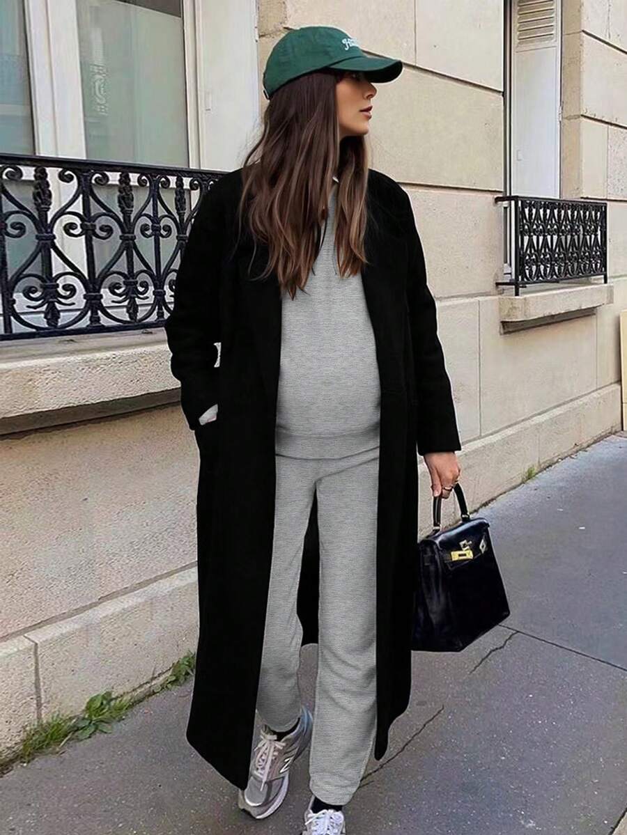 Bộ 2 món/Bộ đồ bầu màu trơn tối giản cổ tròn tay dài và quần - Xám - Xem 1