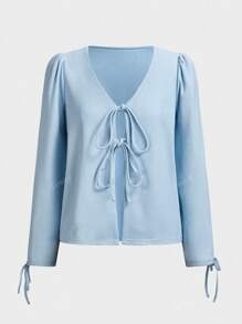 Camisa de mujer de punto de unicolor con lazo en escote en V, manga abullonada, estilo casual y versátil para la oficina o para usar en primavera y verano