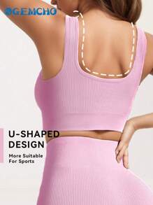 Women's Solid Color Square Neck Removable Padded Sports Bra Yoga Fitness Tank Top - Pink - View 5