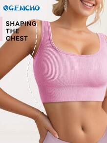 Women's Solid Color Square Neck Removable Padded Sports Bra Yoga Fitness Tank Top - Pink - View 6