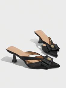 Women's Pointed Toe Closed-Toe Kitten Heel Pumps With Bow Decoration, Fashion Comfortable Slip-On Mid-Heel Shoes Suitable For Party, Wedding, Work, Casual Wear, Elegant For Autumn/Winter, Black
