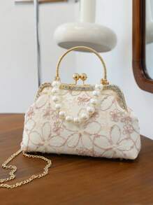 New Lace Flower Handbag Shoulder Crossbody Bag, Cheongsam Han Chinese Dress Style, Oriental Fashion Shoulder Bag With Pearls For Women