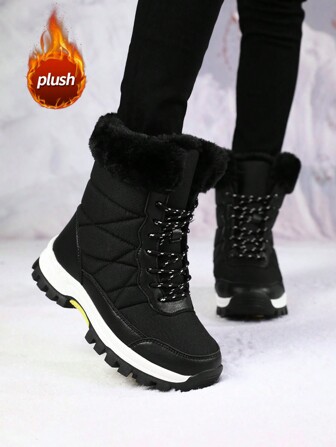 Women's Winter Snow Boots, High-Top Mid-Calf Lace-Up Casual Thick-Soled Non-Slip Warm Thermal Lined Outdoor Hiking Boots, Waterproof, Comfy, Fashionable, Black