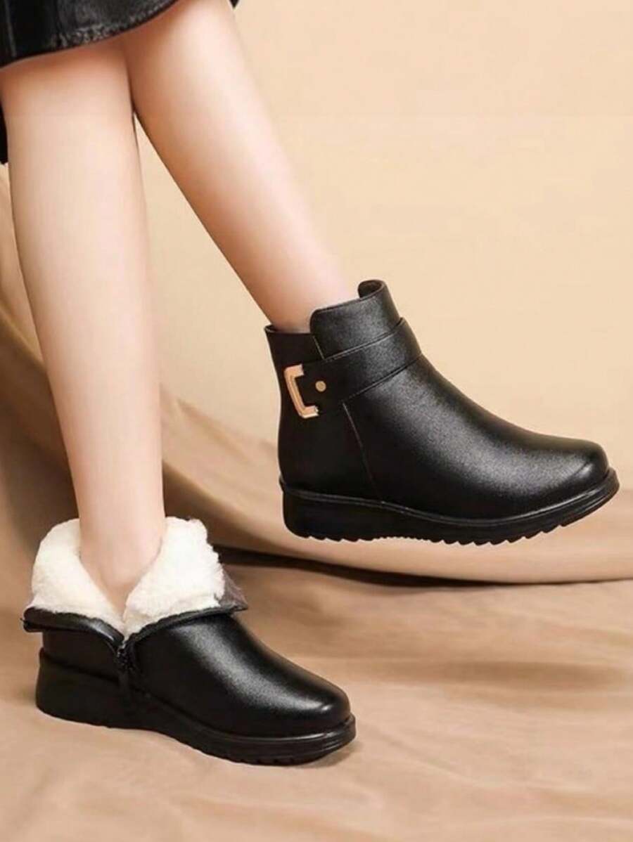 Black Thermal Lined Short Boots, Anti-Slip Mom Shoes With Flat Heel, Mid-Calf, Warm For Autumn/Winter,Match With Tops - Black - View 1