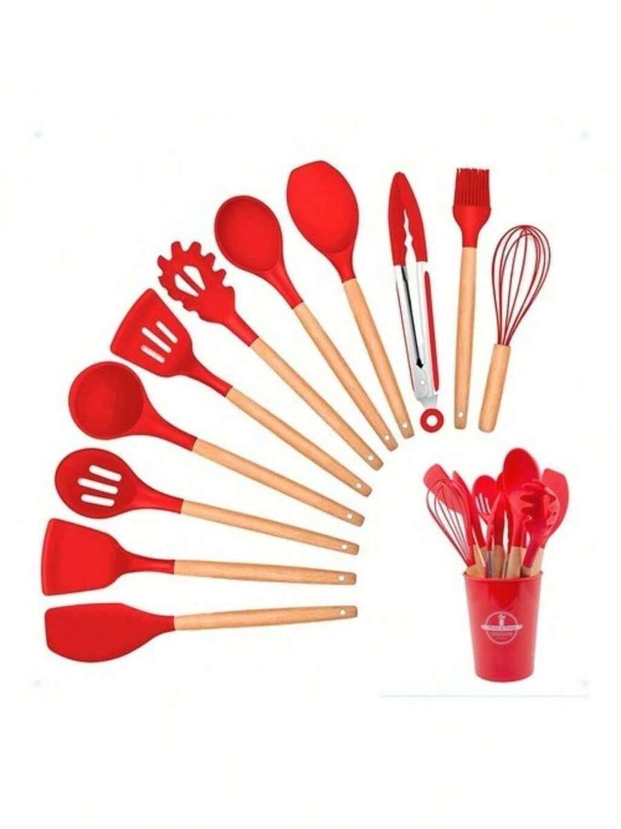 Kitchen Set Kit With 12 Pcs Silicone Utensils And Cup Kitchen Holder Wooden Handle Su - Xám - Xem 1