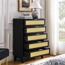 Bedroom 5 Drawer Dresser, Rattan Dresser Modern Wooden Chest Of Drawers With Spacious Storage Space For Bedroom Hallway Living Room - màu đen - Xem 4