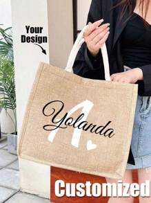 Bolso de mano de lino personalizado con flor, letra y corazón, bolsa de regalo personalizada, bolso tote de gran capacidad y diseño único, ligero - Caqui - Ver 3